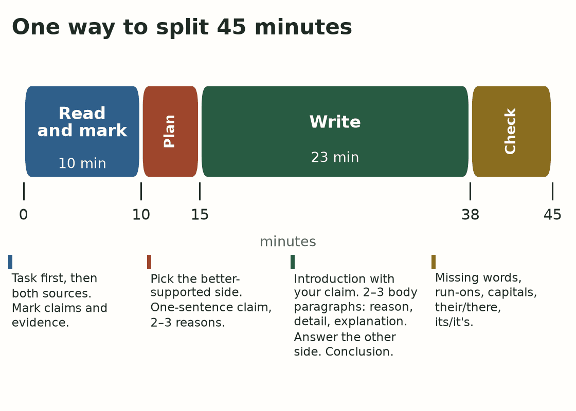 An original timeline bar for a 45-minute essay, split into four colored blocks. Minutes 0 to 10: read the prompt and both sources and mark evidence. Minutes 10 to 15: choose the better-supported side and plan. Minutes 15 to 38: write the introduction, body paragraphs and conclusion. Minutes 38 to 45: check and fix errors.